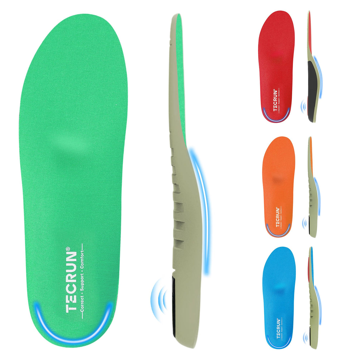 TECRUN insole shows 4 arch heights for personalized comfort
