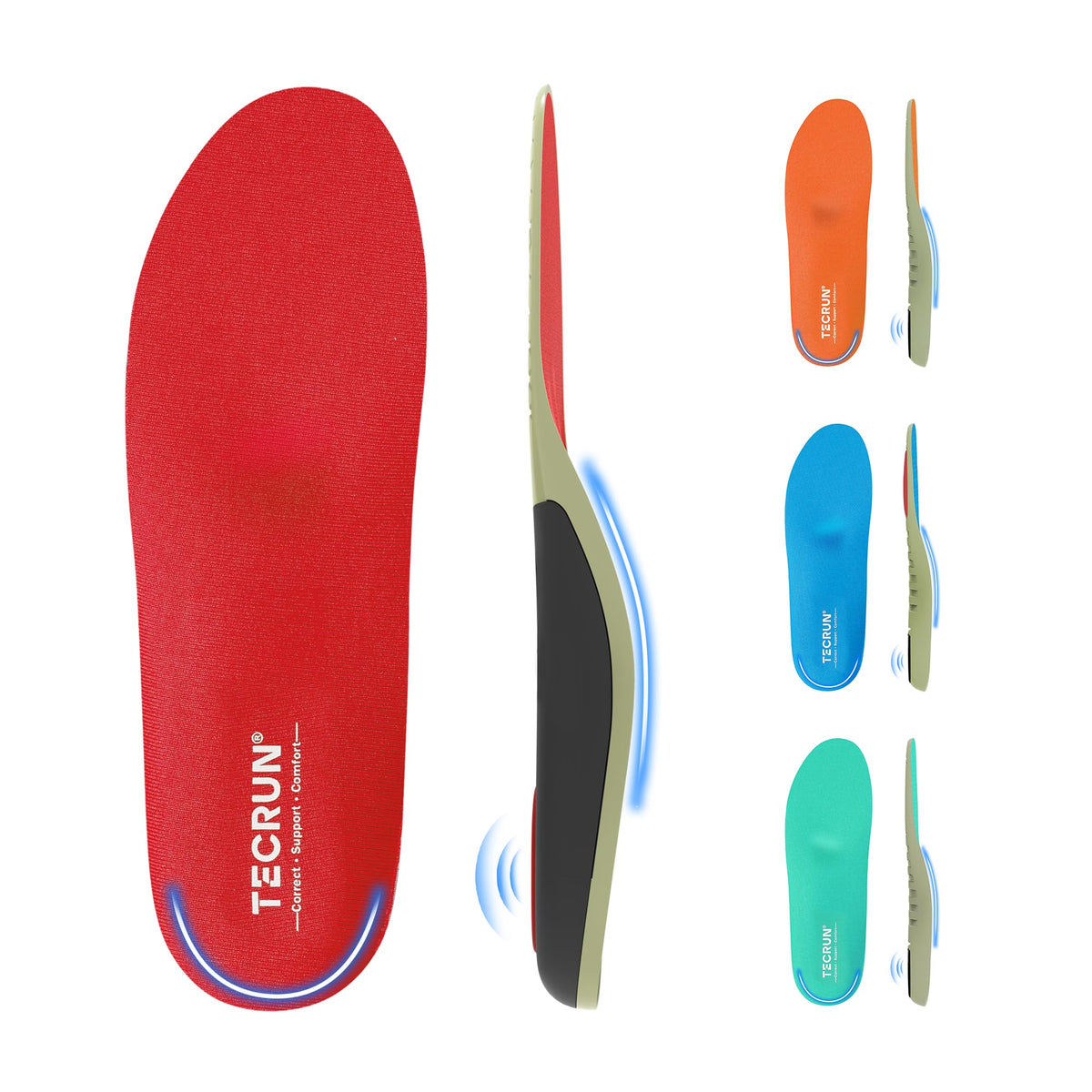 TECRUN plantar fasciitis insoles packaging highlights versatile arch support for all-day comfort.