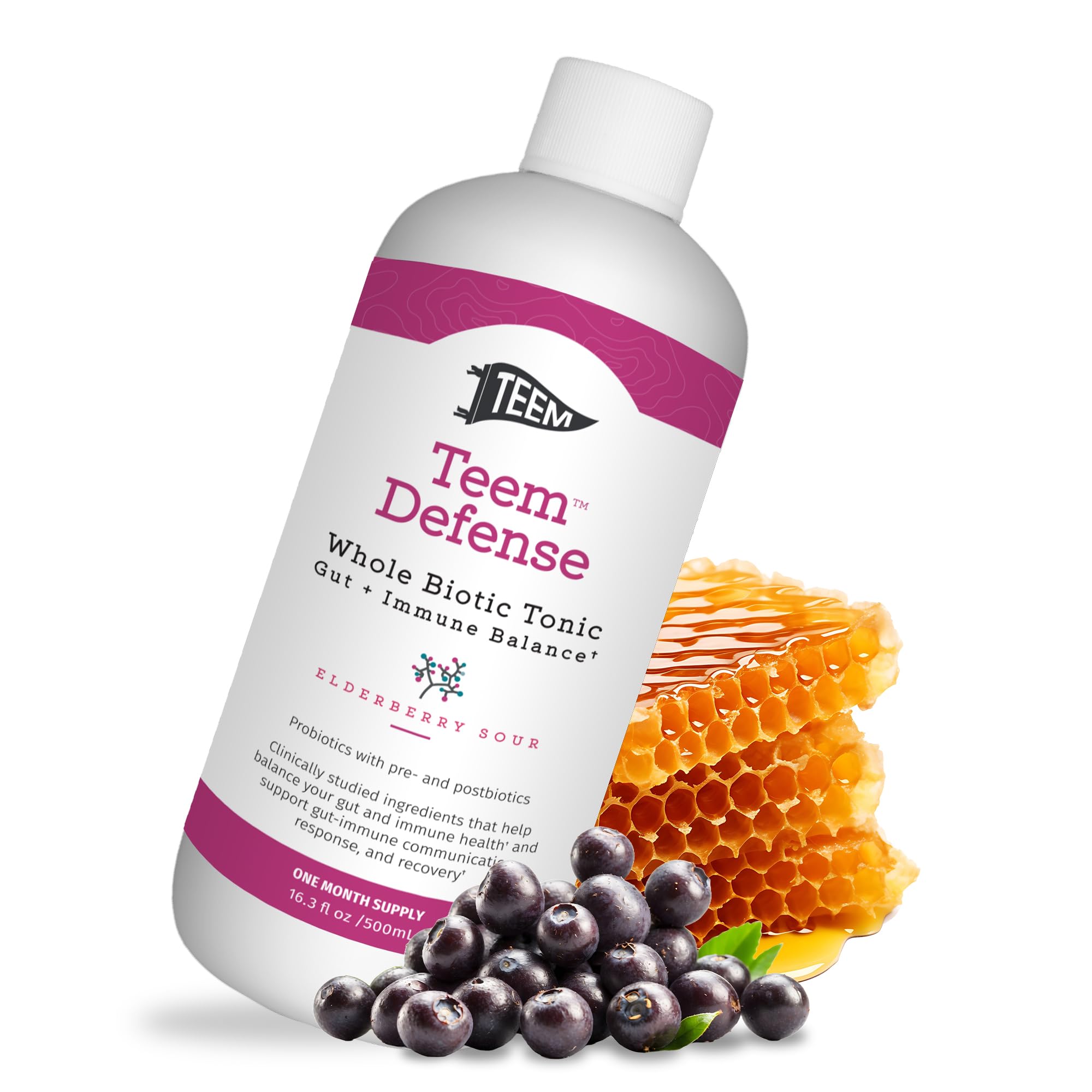 Teem Defense bottle front view illustrating the whole biotic tonic for daily immune support.