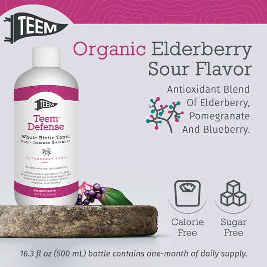 Teem Defense bottle side view highlighting elderberry probiotic blend for everyday wellness.