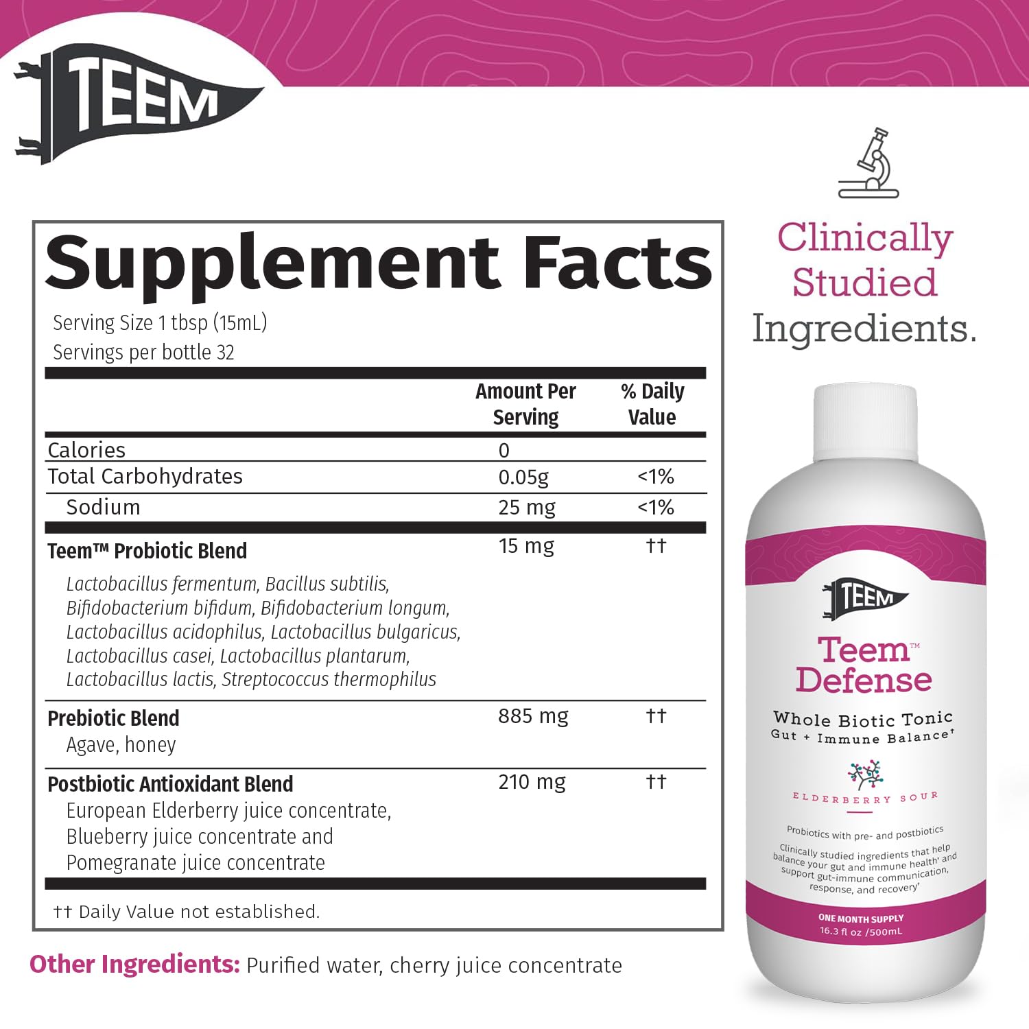 Teem Defense label close-up emphasizes organic ingredients and the elderberry concentrate.