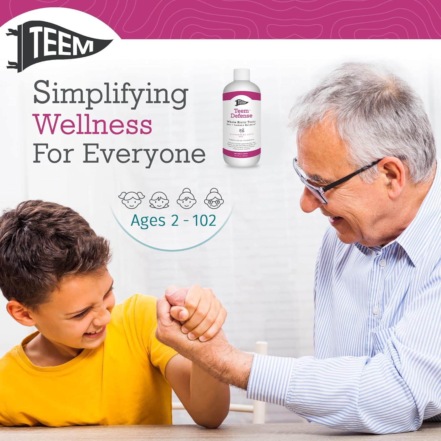 Teem Defense elderberry blend visual with prebiotic and postbiotic mentions on packaging.