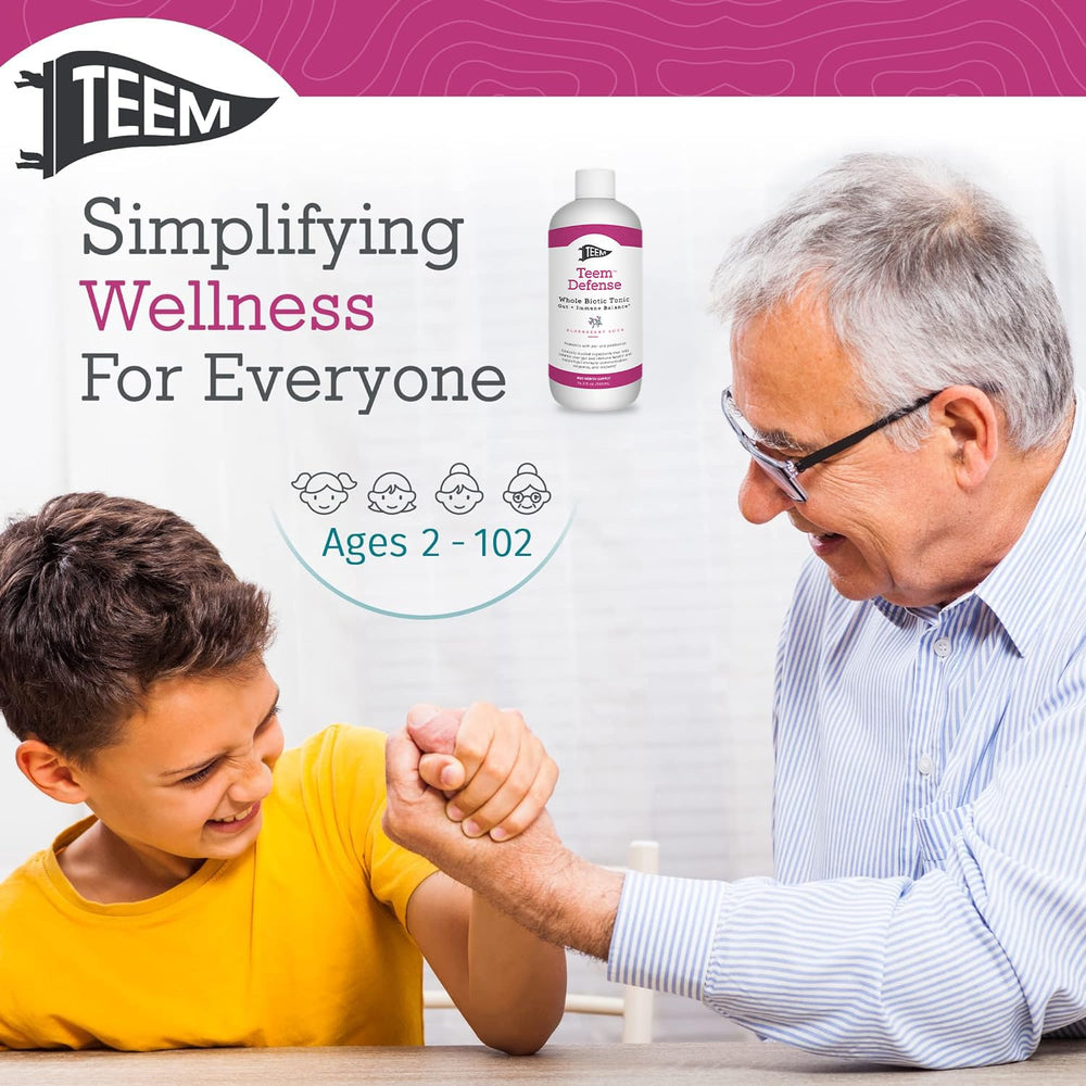 Teem Defense elderberry blend visual with prebiotic and postbiotic mentions on packaging.