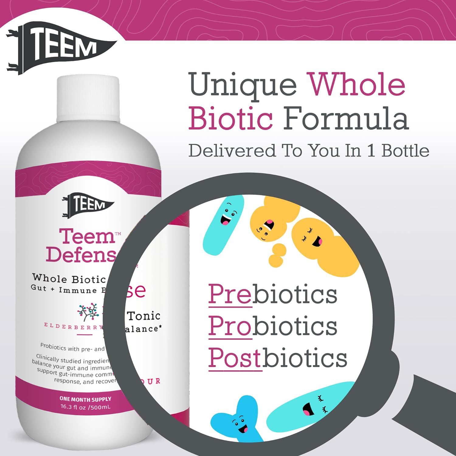 Pouring Teem Defense into glass shows a tangy elderberry probiotic boost ready to enjoy.