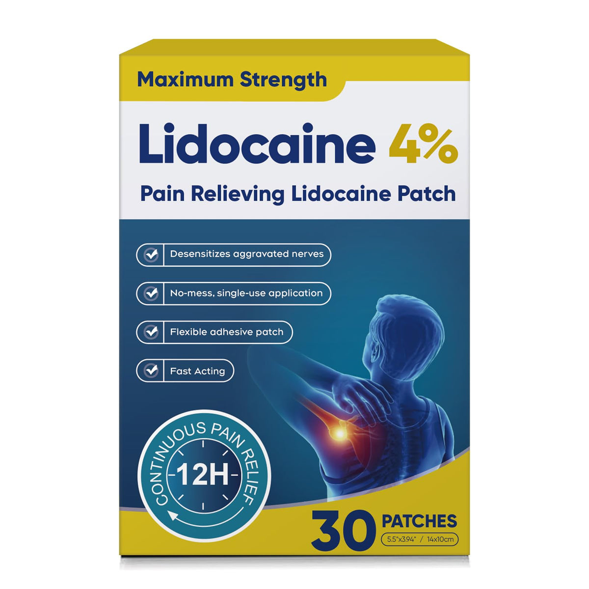 Teemofe 4% lidocaine patch on shoulder provides targeted relief during daily tasks