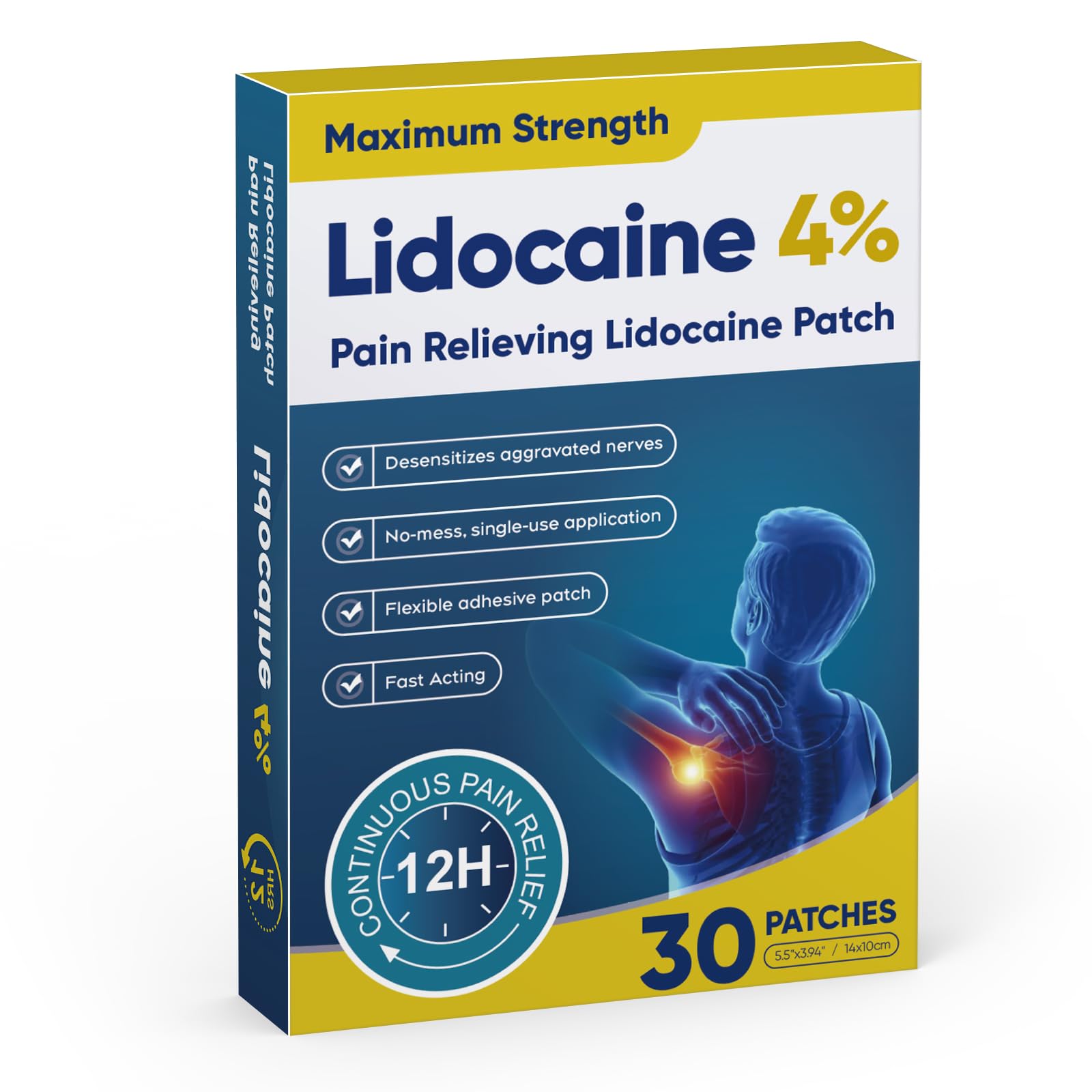 Teemofe Lidocaine patch box front for targeted, temporary relief.