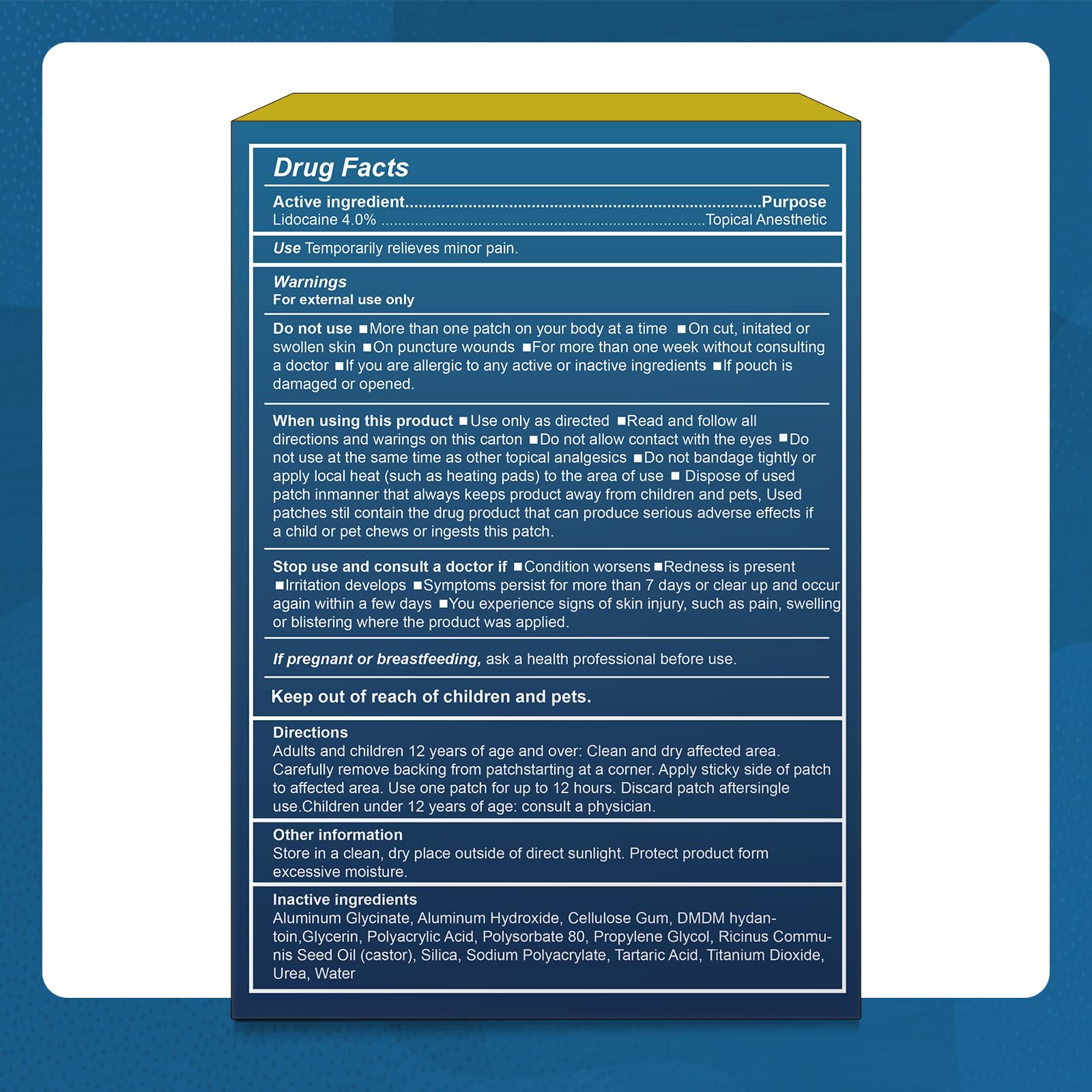 Teemofe Lidocaine patch packaging closeup highlights OTC strength.