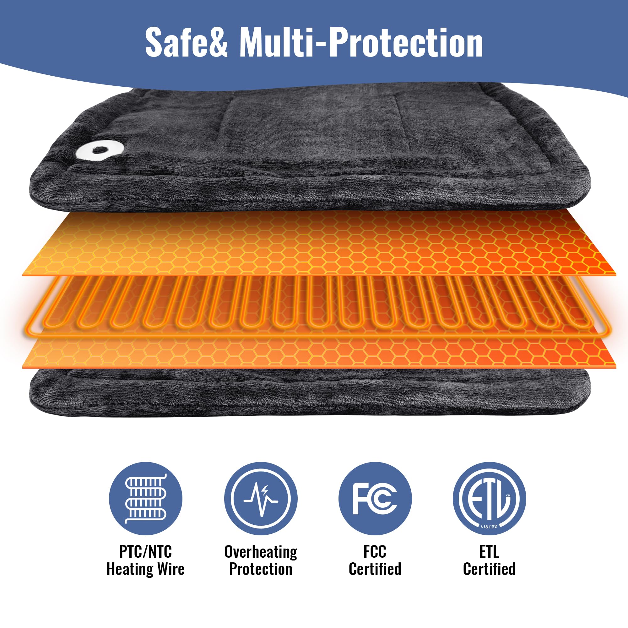 Tefici heat pad shows three heat levels for tailored warmth.