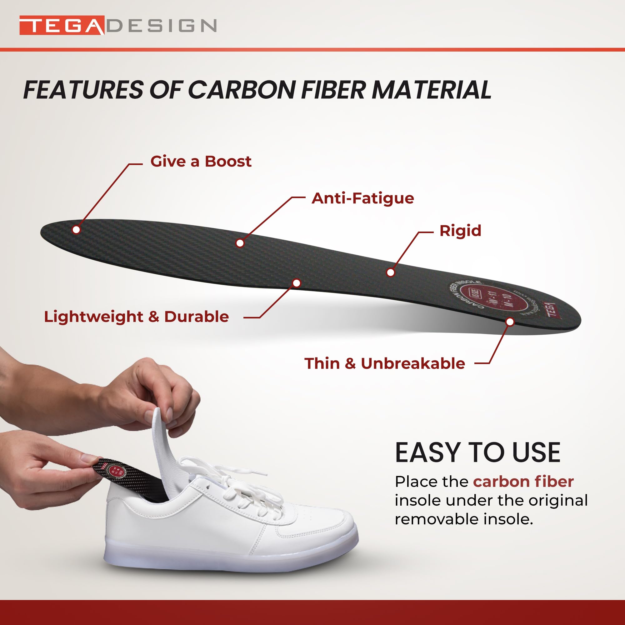 TEGA carbon fiber insole in footwear during running or hiking activities