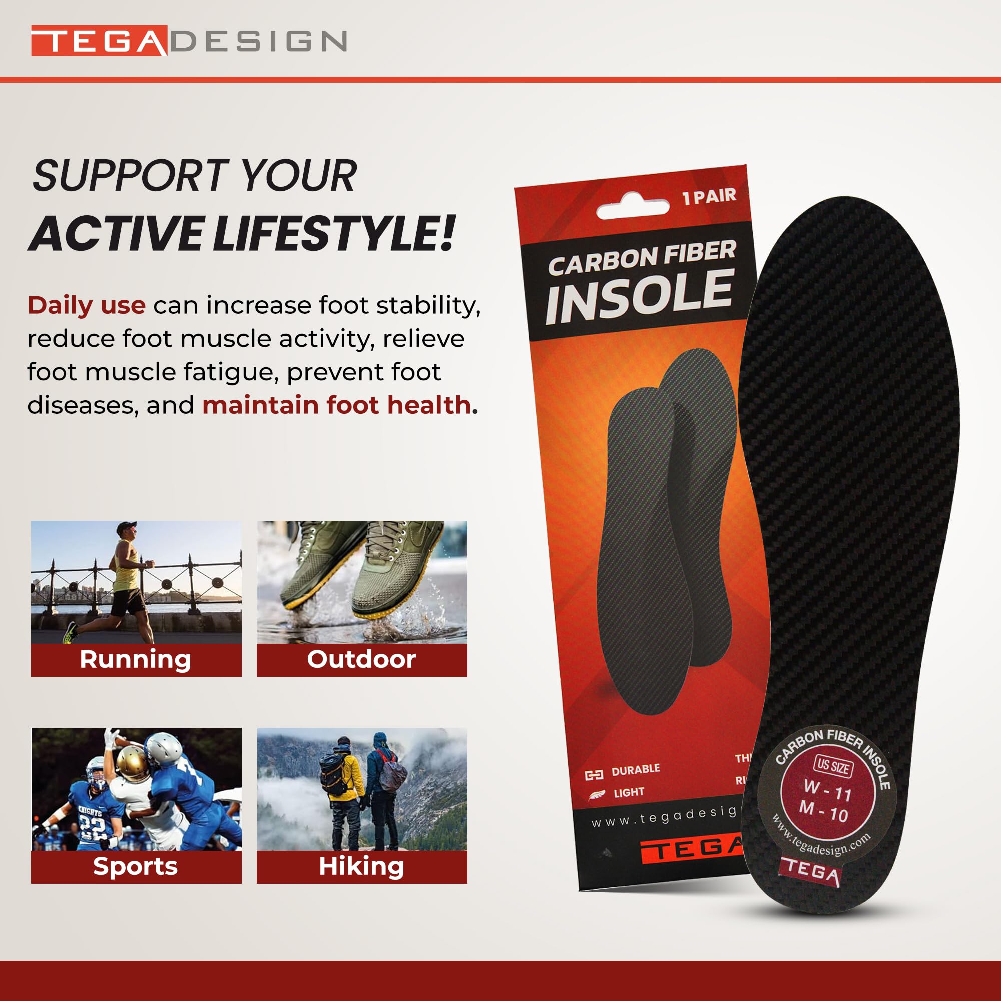 TEGA carbon fiber insole close-up shows lightweight construction and rigidity