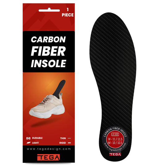 TEGA carbon fiber rigid insole top view showing slim profile for toe protection