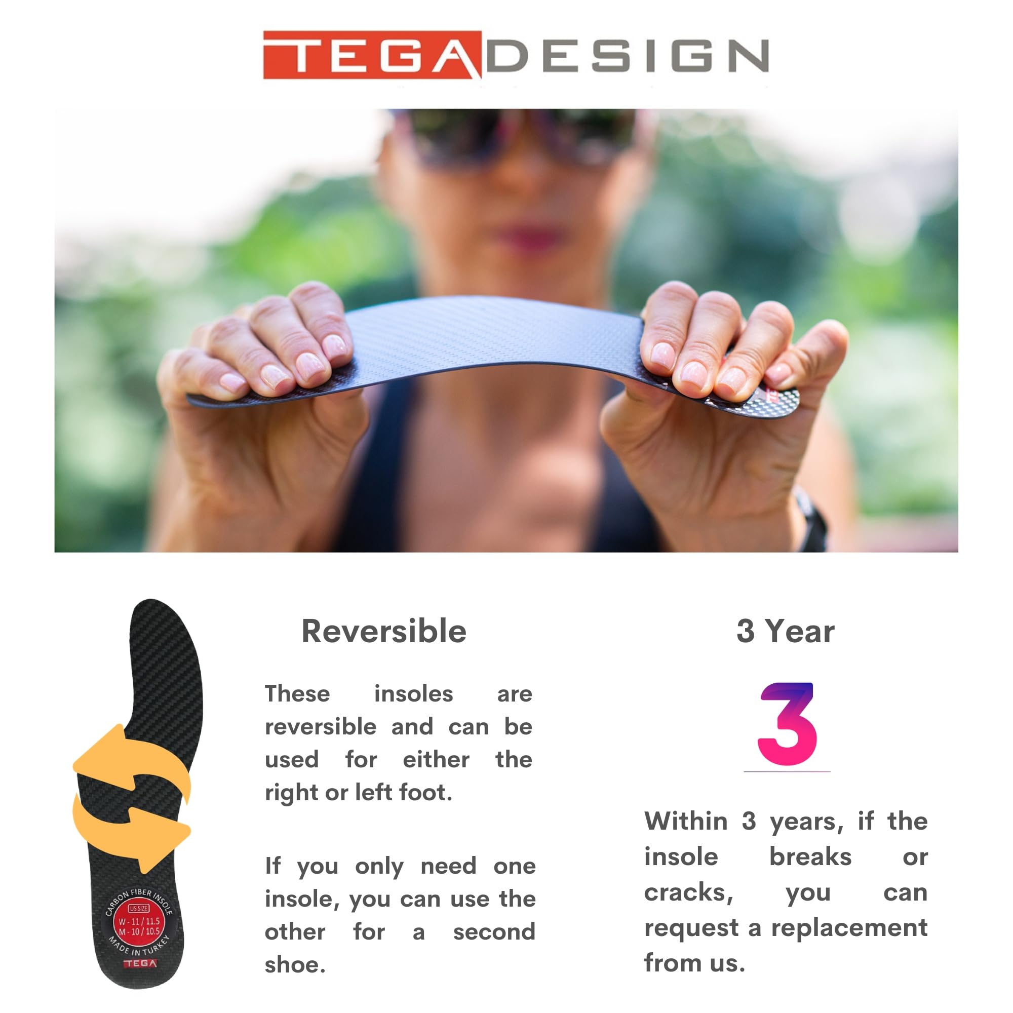 TEGA carbon fiber rigid insole ultra-thin design fits slim footwear