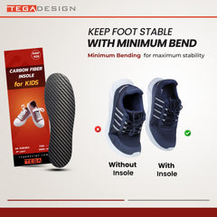 TEGA Kids carbon fiber insole inside shoe, slim support for growing feet.