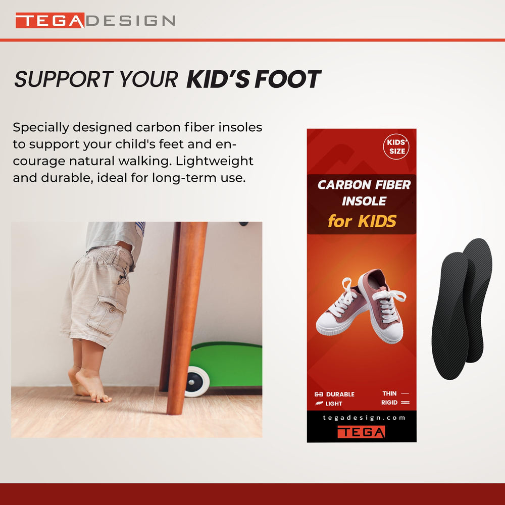 TEGA carbon fiber insole size guide shown for a perfect fit.