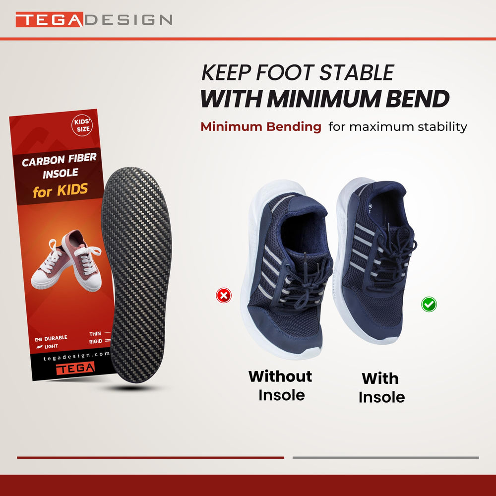 TEGA Kids Carbon Fiber Insole inside shoe provides slim profile without adding bulk.