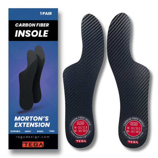 TEGA Morton's Extension carbon fiber insole pair provides balanced support for both feet.