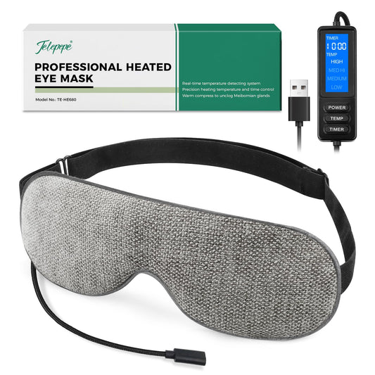 Telepepe heated eye mask in grey packaging, gift-ready and premium.