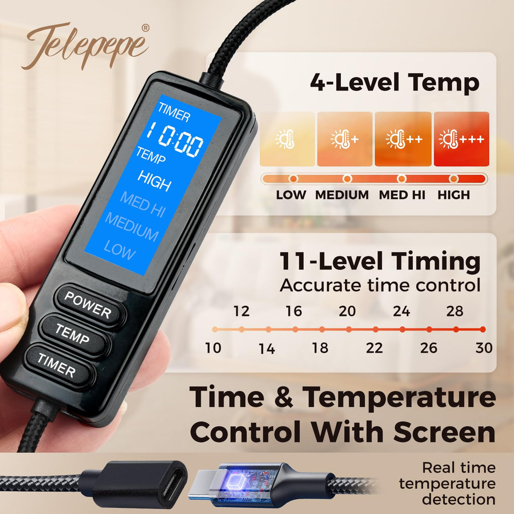 Telepepe heated eye mask worn on face enabling hands-free relaxation.