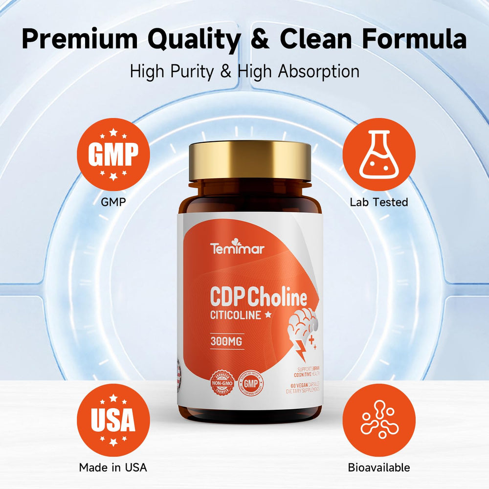 Temimar CDP Choline capsule being poured for easy daily intake.