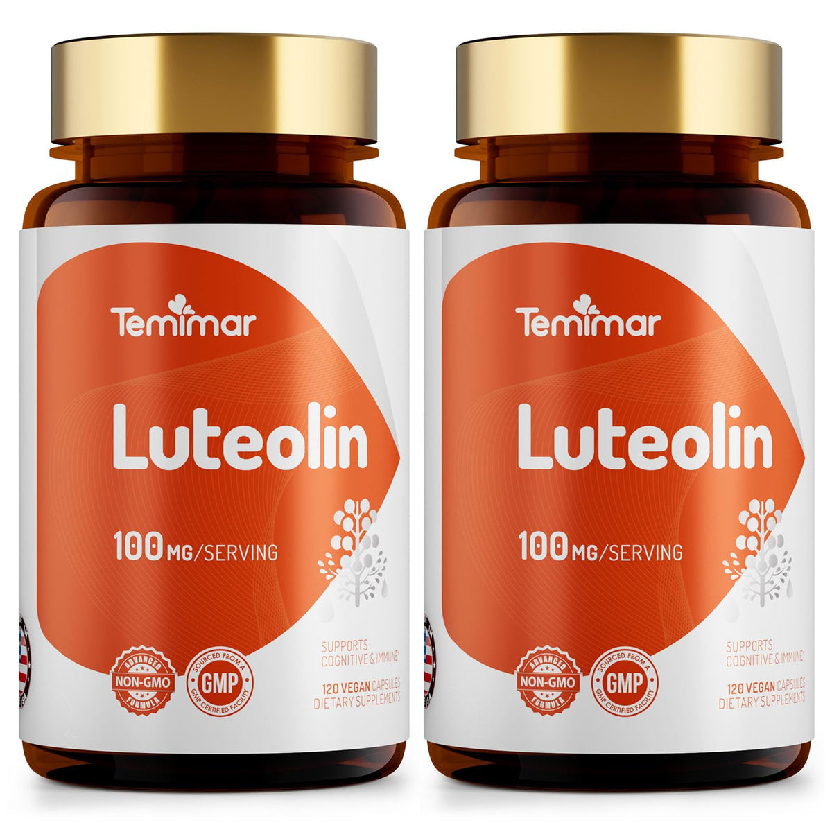 Temimar Luteolin bottle featuring 100 mg capsules for brain and immune support.
