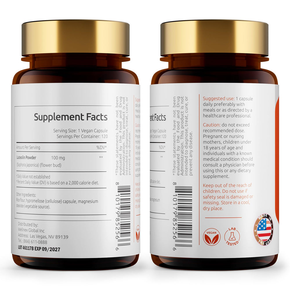 Close-up of Temimar luteolin capsules, vegan and non-GMO formula.