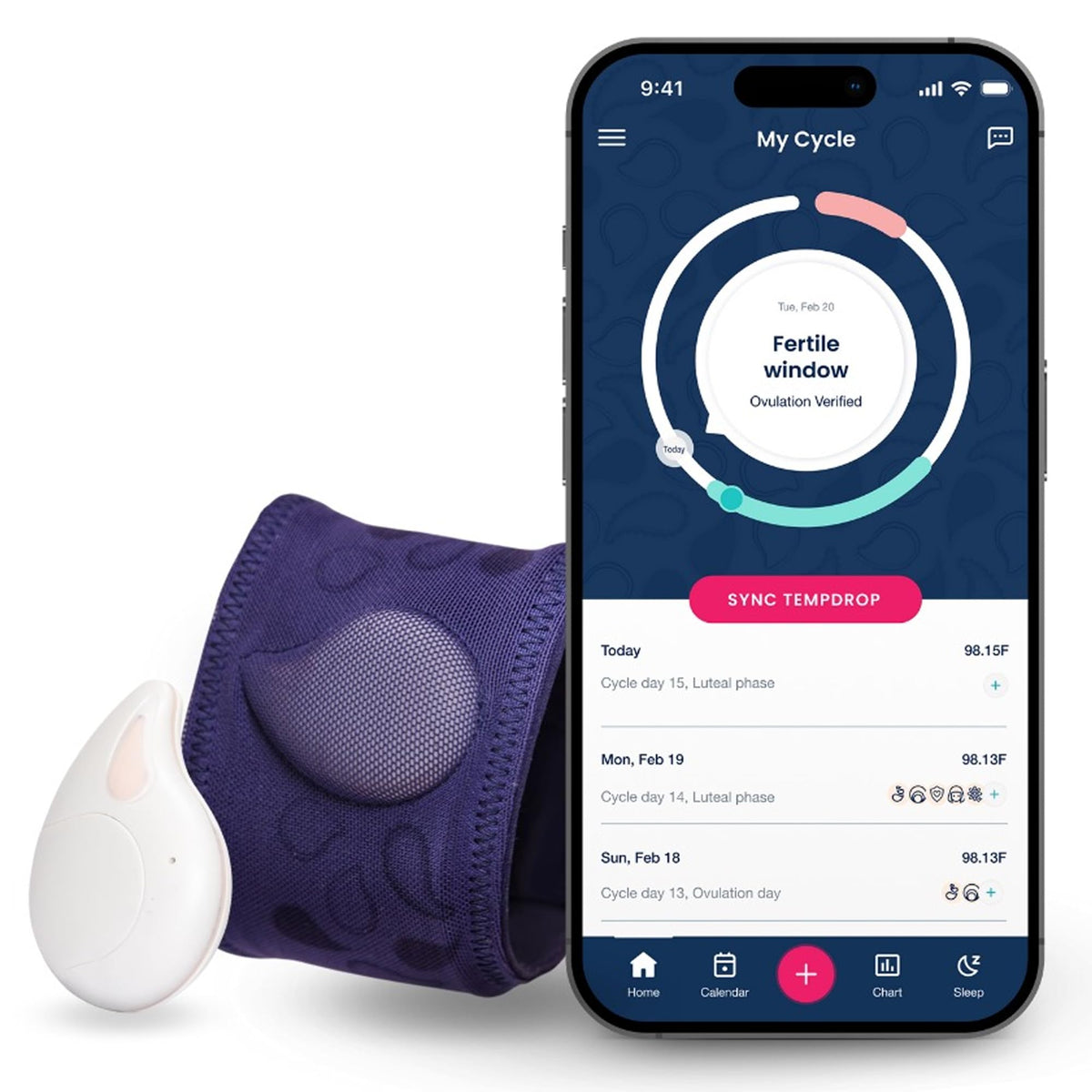 TEMPDROP wearable ovulation sensor on the arm for overnight fertility tracking.
