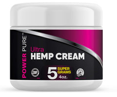 Power Pure Hemp Cream jar showing 5000mg hemp with arnica for targeted relief.