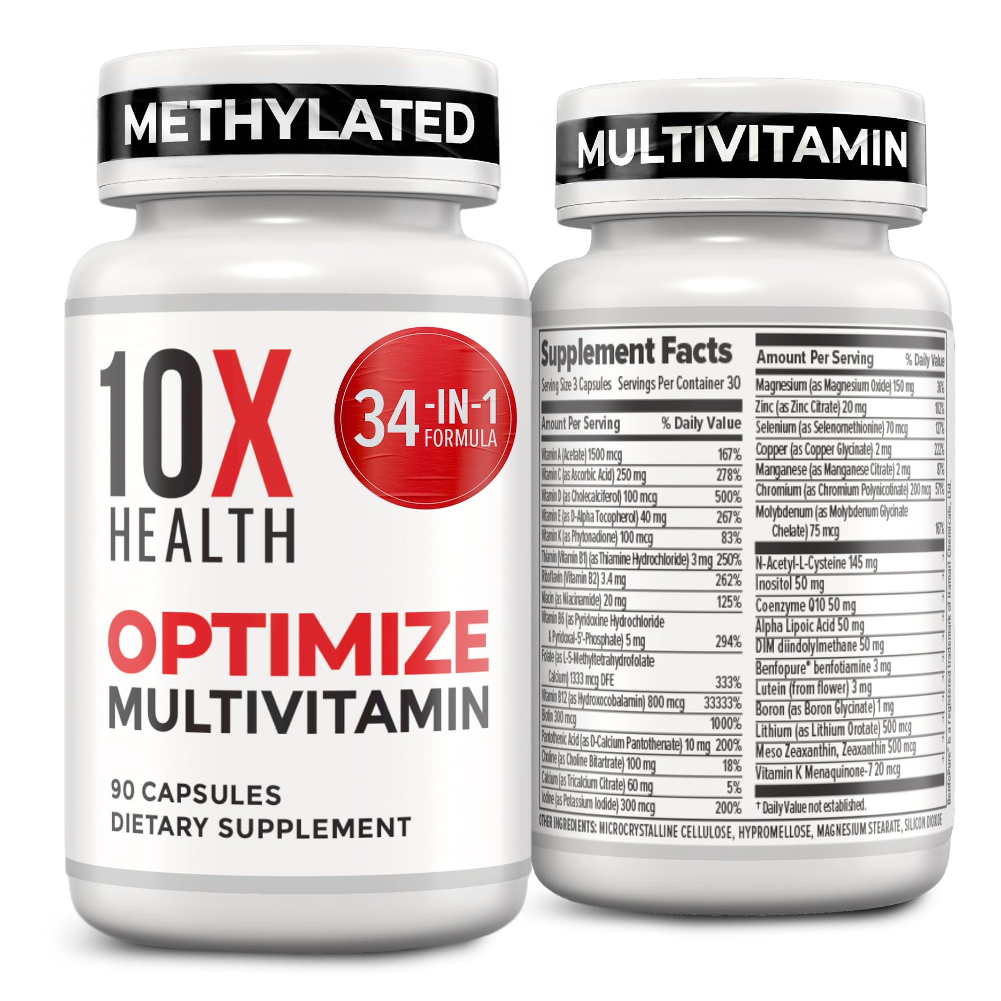 10X Health Optimize bottle front label for daily methylated multivitamin support.