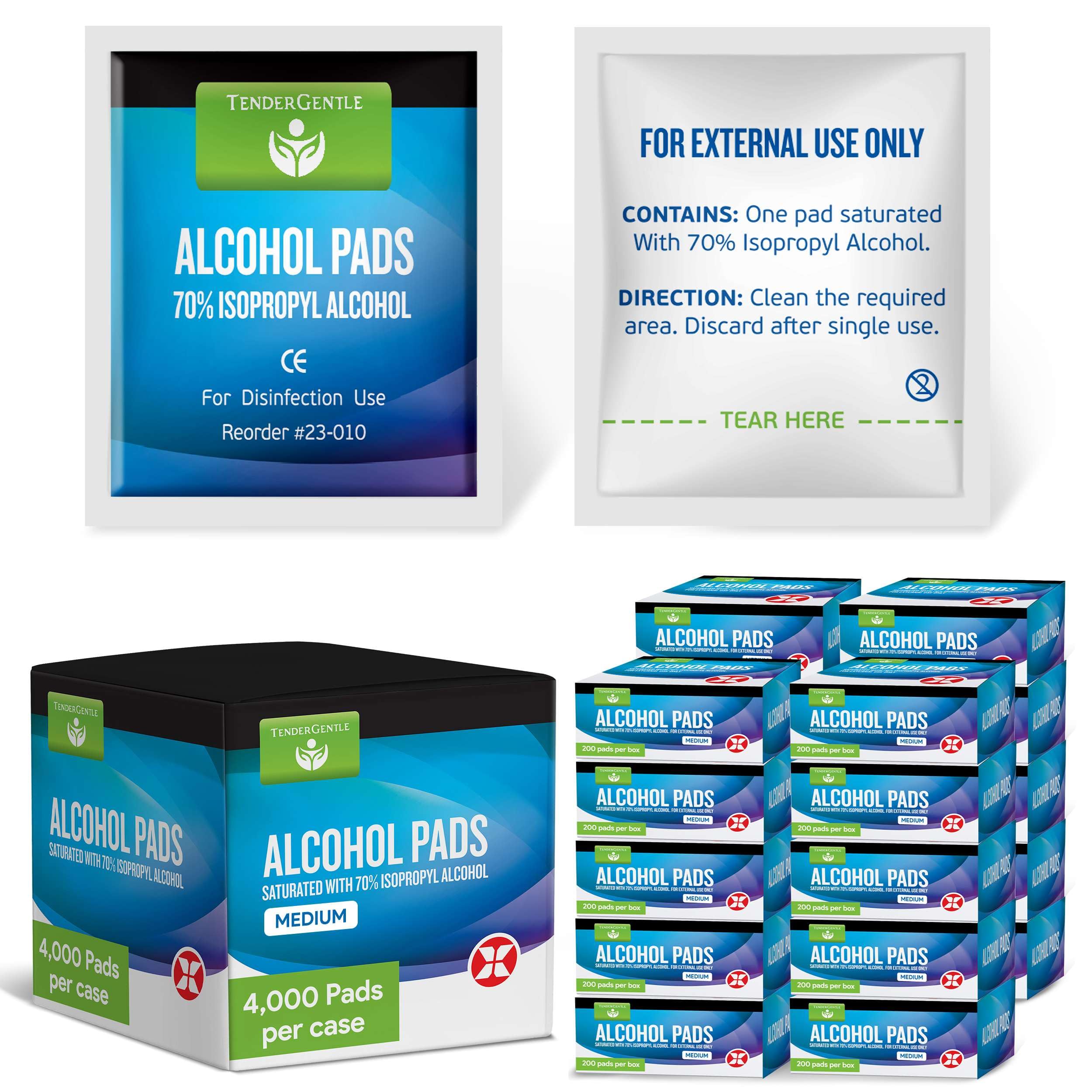 TenderGentle alcohol wipes in a 4000-pack case for bulk convenience in clinics and homes.
