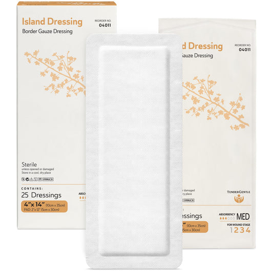 TenderGentle bordered gauze island dressing keeps gauze in place for wound coverage.