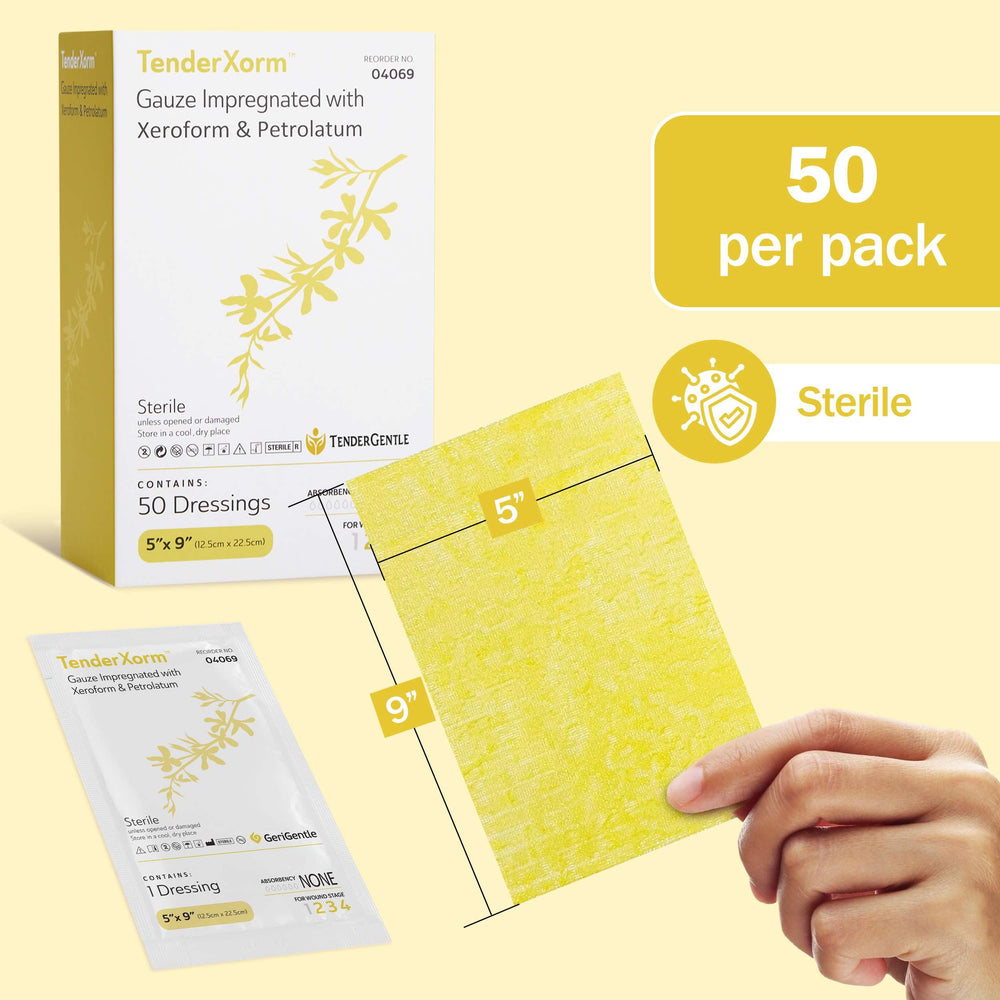 TenderGentle Xeroform dressing 5x9-inch gauze demonstrates size for graft site coverage.