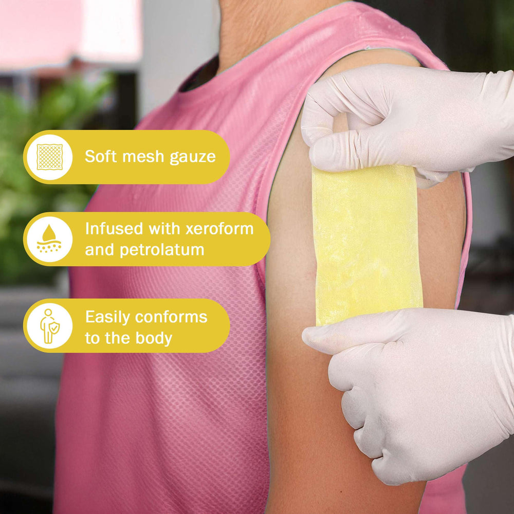 TenderGentle Xeroform dressing individually wrapped emphasizes sterile, convenient use.