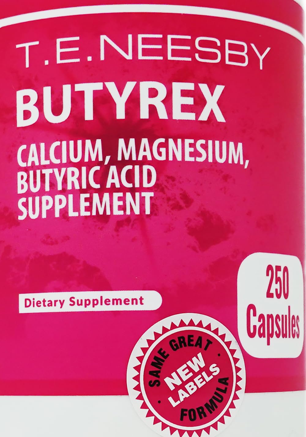 T.E.Neesby Butyrex Cal/Mag label closeup showing 600 mg dosage and capsule count.