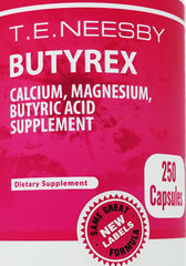 T.E.Neesby Butyrex Cal/Mag label closeup showing 600 mg dosage and capsule count.