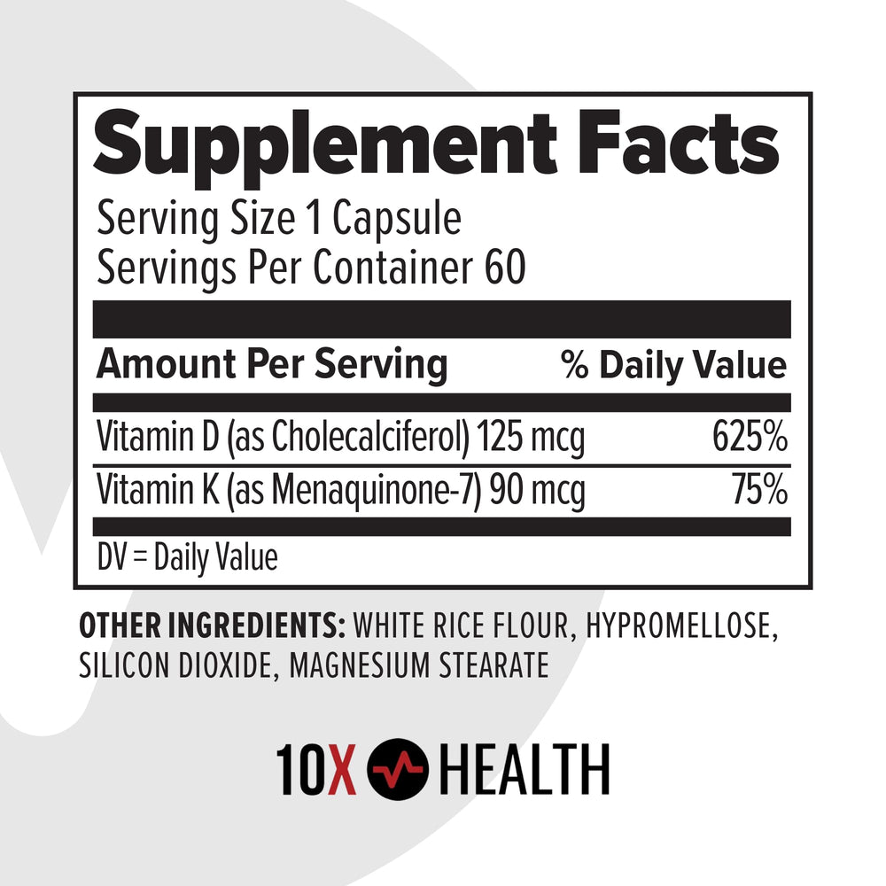Back of the 10X Health System D3K2 bottle with dosage information