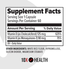 Back of the 10X Health System D3K2 bottle with dosage information