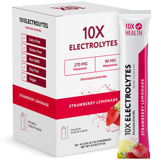 10X Health System electrolytes stickpack for on-the-go hydration in strawberry lemonade.