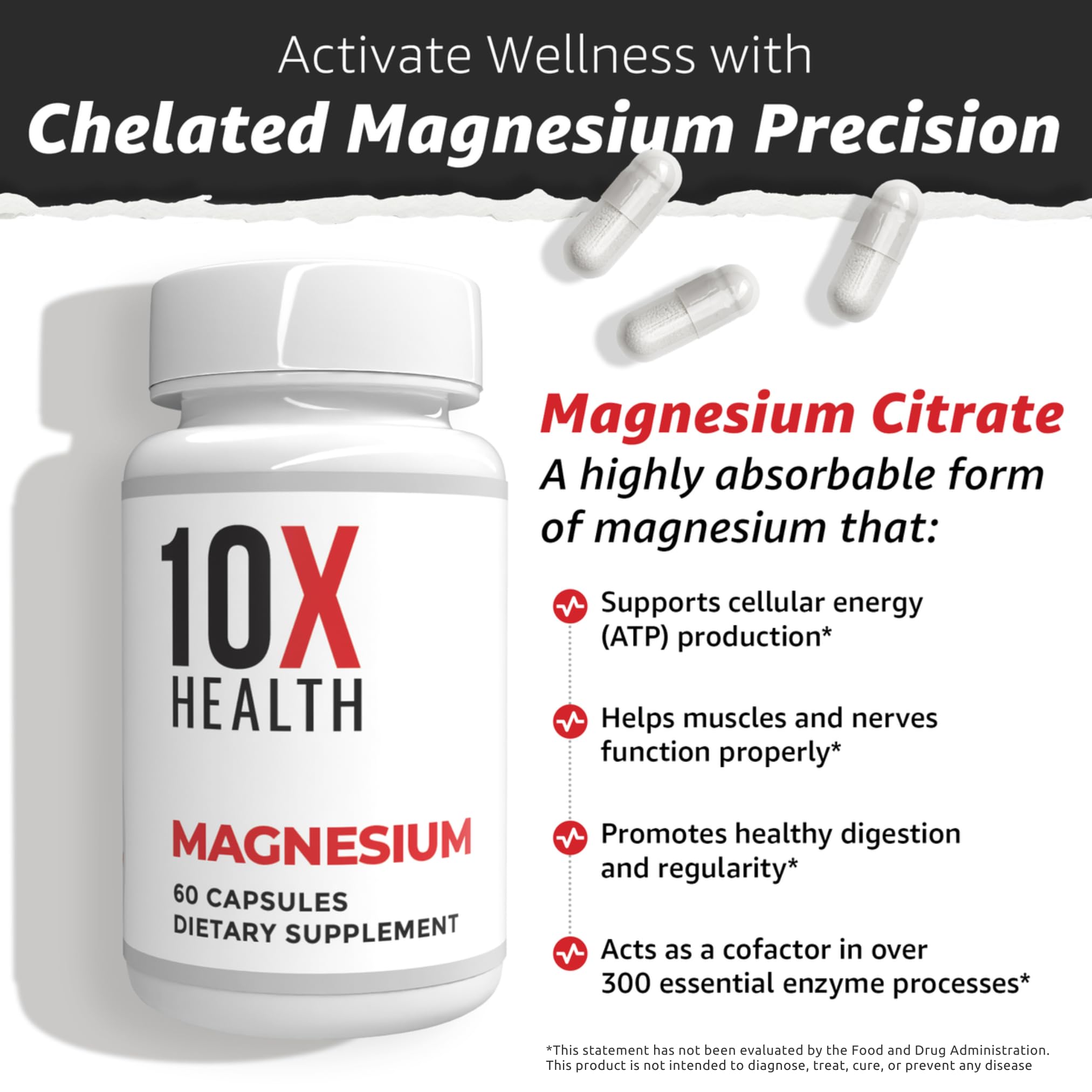 Close-up of TenX Health magnesium citrate capsules highlighting high-absorption tablets.