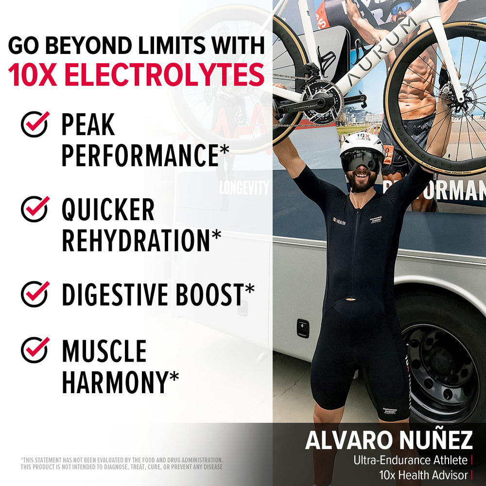 Packets ready-to-use on travel and workouts with 10X Electrolyte hydration mix.