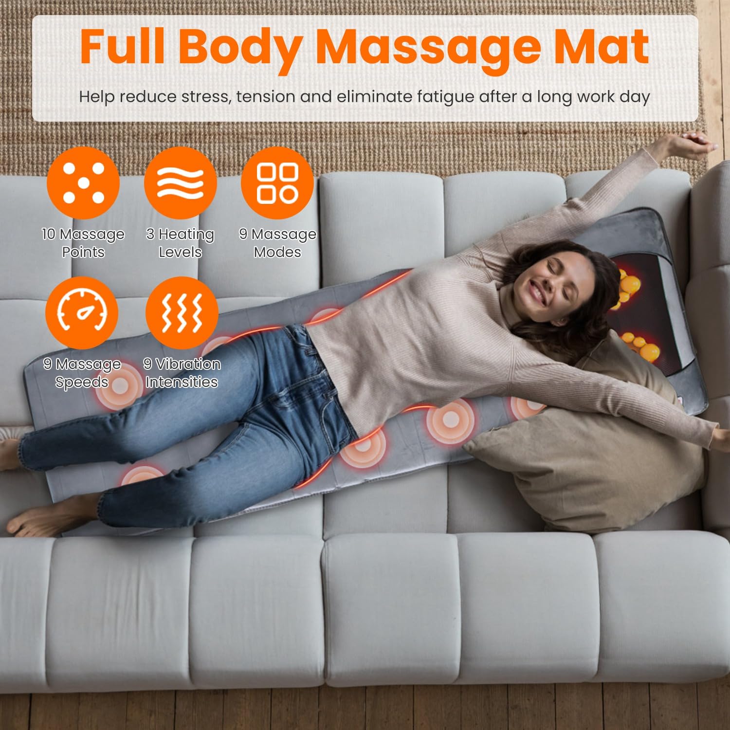 TeqHome heat levels provide soothing warmth for back and legs after long days.