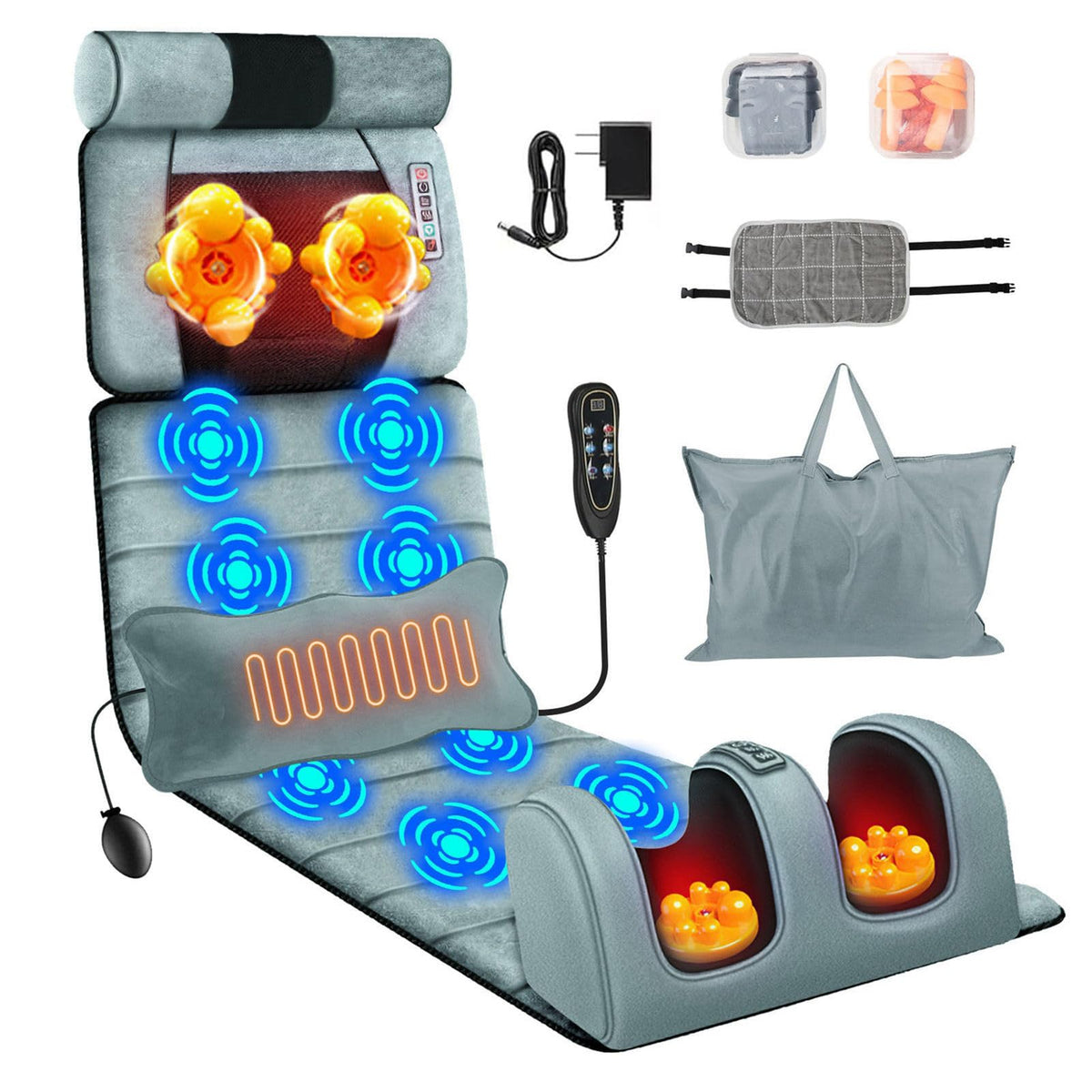 TeqHome full-body massage mat with neck pillow targets neck tension for relaxing at-home sessions.