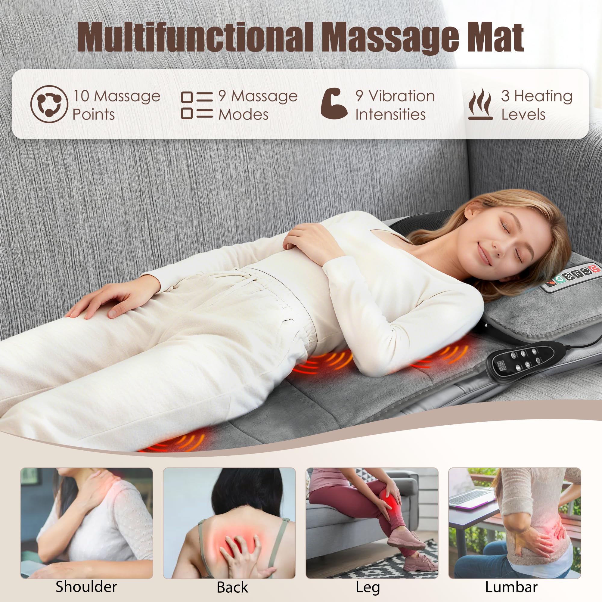 TeqHome Full Body Massage Mat plush fabric close-up highlights luxurious softness for comfort.
