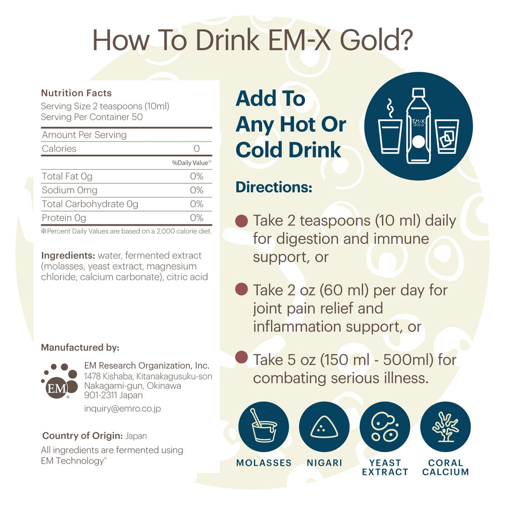 TeraGanix EM-X Gold ingredients closeup highlighting natural prebiotic blend.