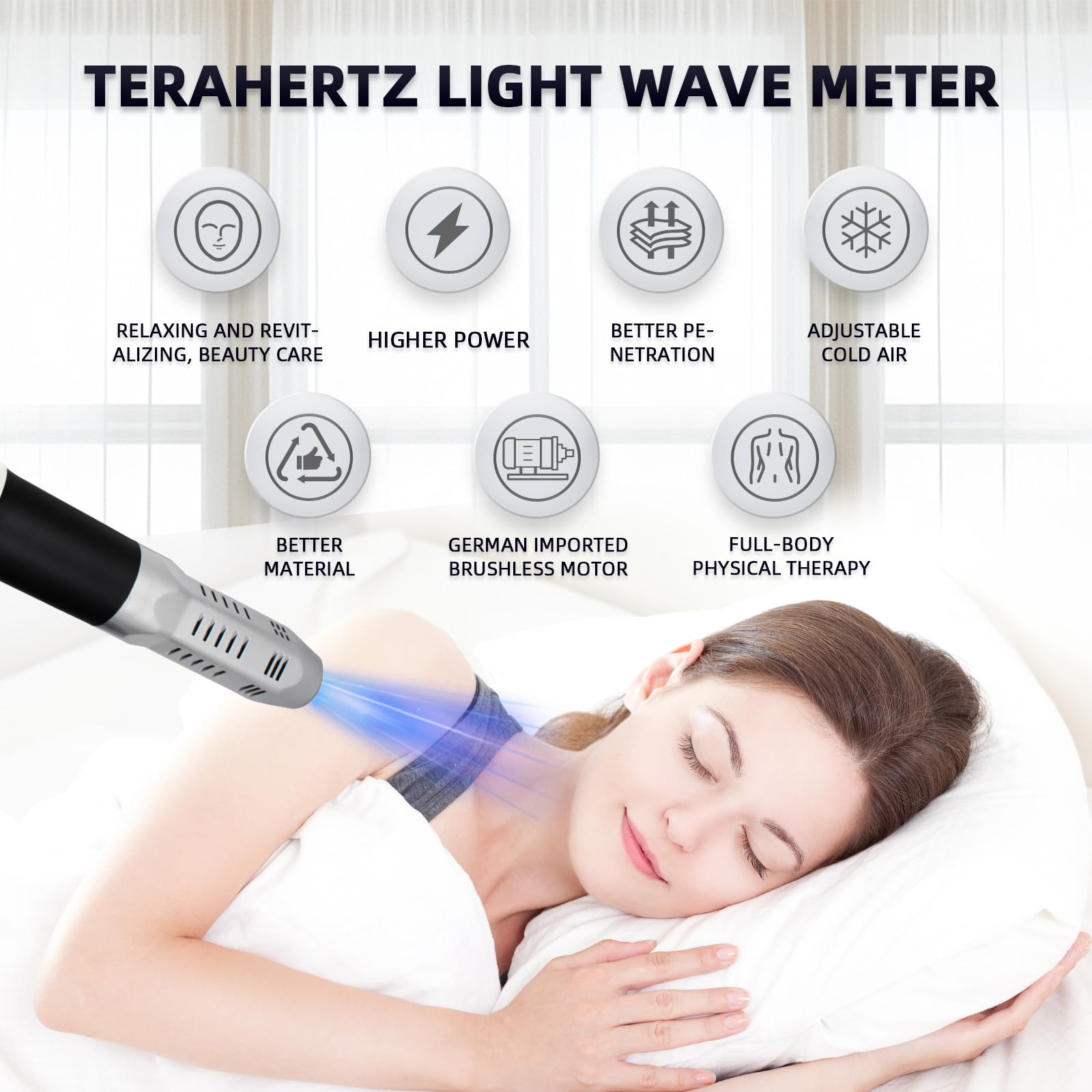 Terahertz Wand THZ Blower compact design fits on a bedside table.