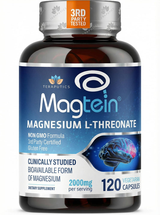 Teraputics Magtein bottle front showing brain support and focus use case.
