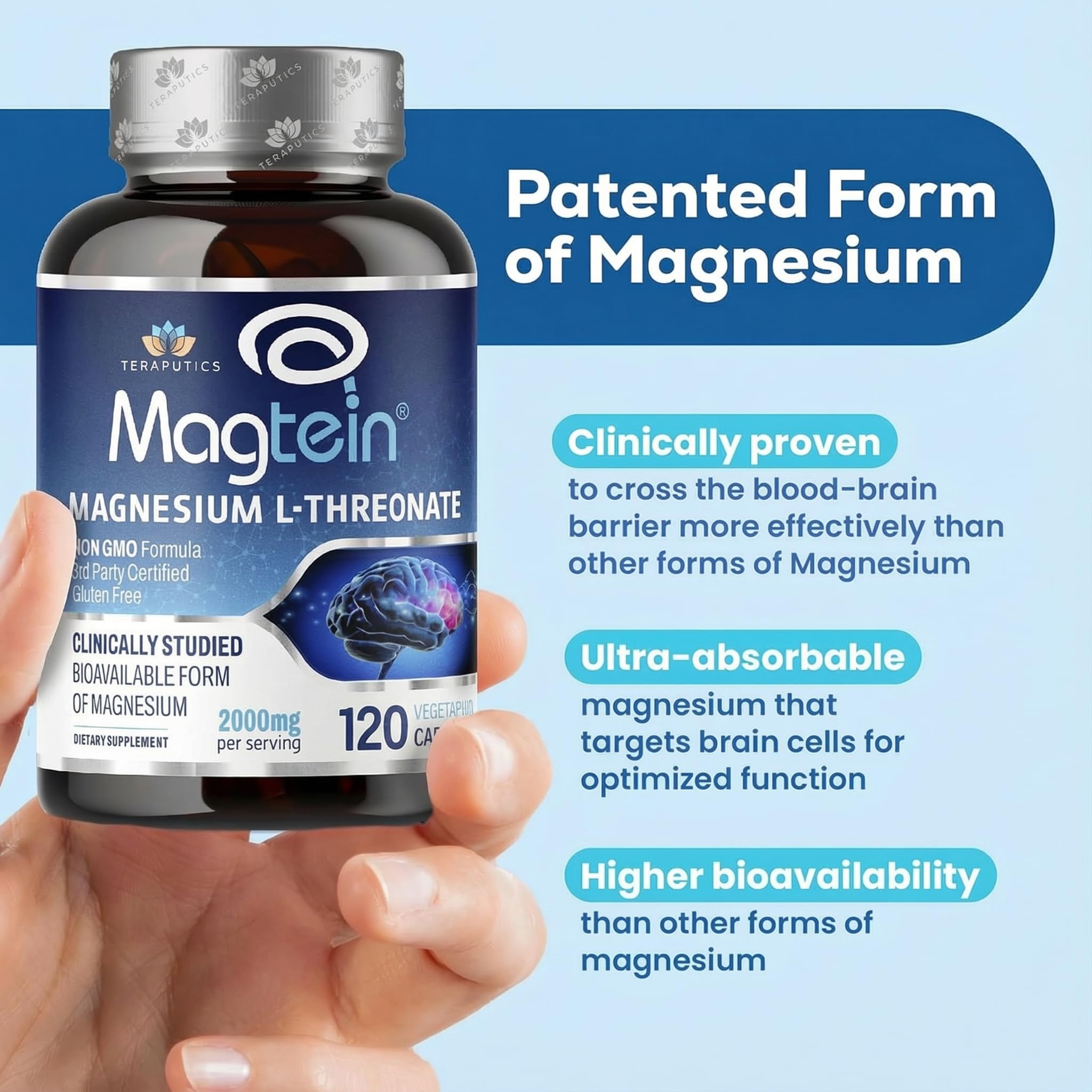 Teraputics Magtein capsules close-up for easy daily use.