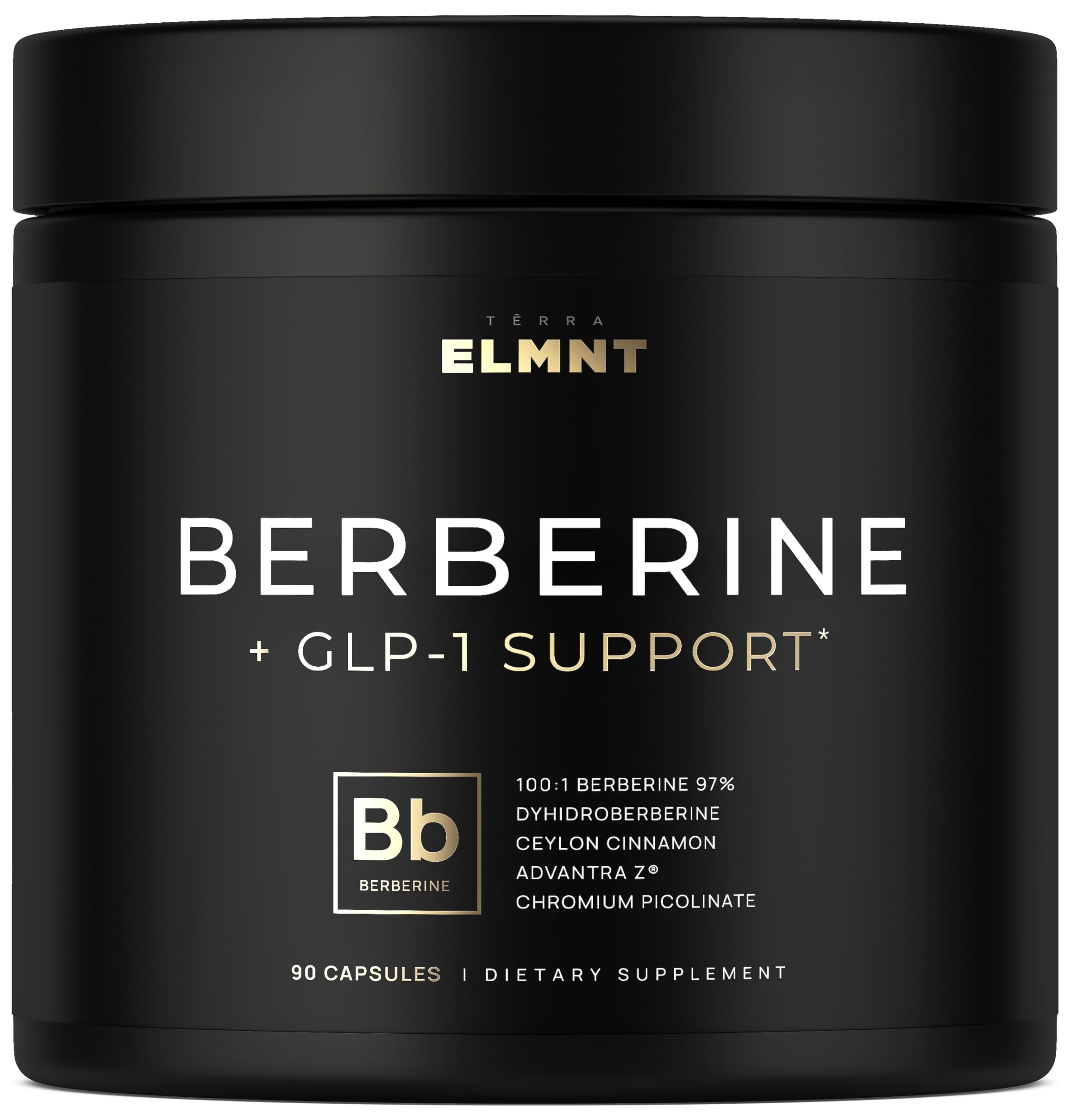 Terra Elmnt berberine ultra-concentrated capsules on bottle; may support healthy glucose levels.