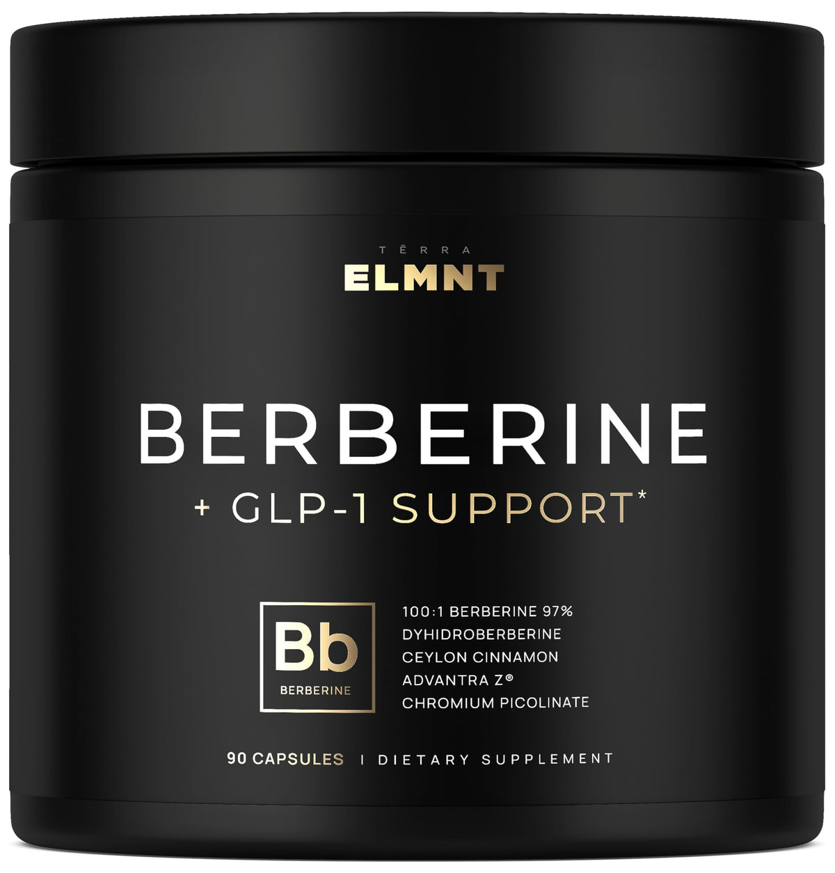 Terra Elmnt berberine ultra-concentrated capsules on bottle; may support healthy glucose levels.