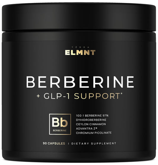 Terra Elmnt berberine ultra-concentrated capsules on bottle; may support healthy glucose levels.