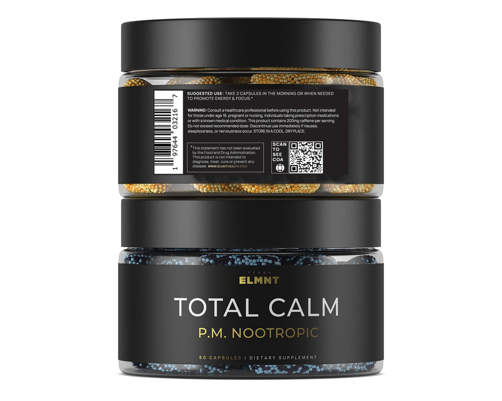 Morning routine scene with Terra Elmnt AMPM capsules and glass